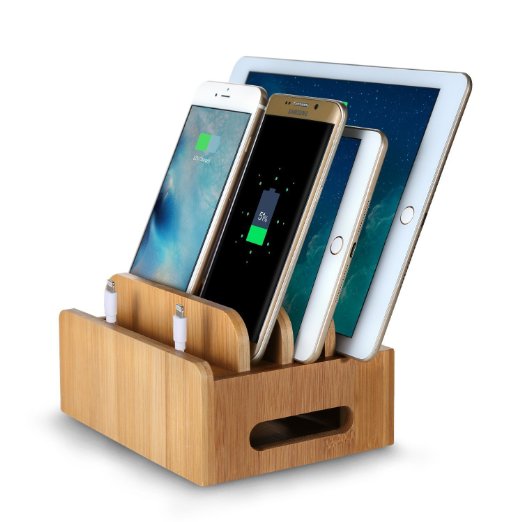 FLECK 2016 Newest Version 100% Recyclable Bamboo Multi- Device Cord Organizer Stand Mounts Dock Holder Box for Smartphones, tablets and laptops.