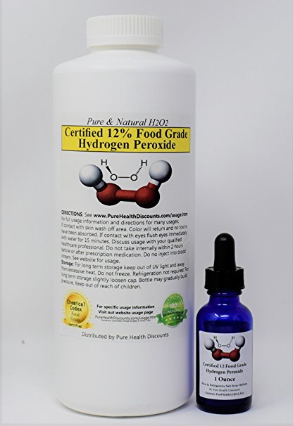 35% diluted to 12% Food Grade Hydrogen Peroxide 1 Quart Plus 1 Fl Oz pre-filled Dropper Bottle (PHP). Recommended by One Minute Cure & True Power of Hydrogen Peroxide - shipped fast. Made in USA