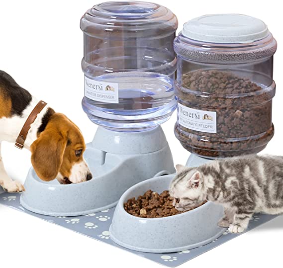 WENERSI Automatic Cat Feeder and Water Dispenser Set with Pet Food Mat,Dog Water Bowl Dispenser and Automatic Dog Feeder,Big Capacity Cat Food Dispenser 1 Gallon2