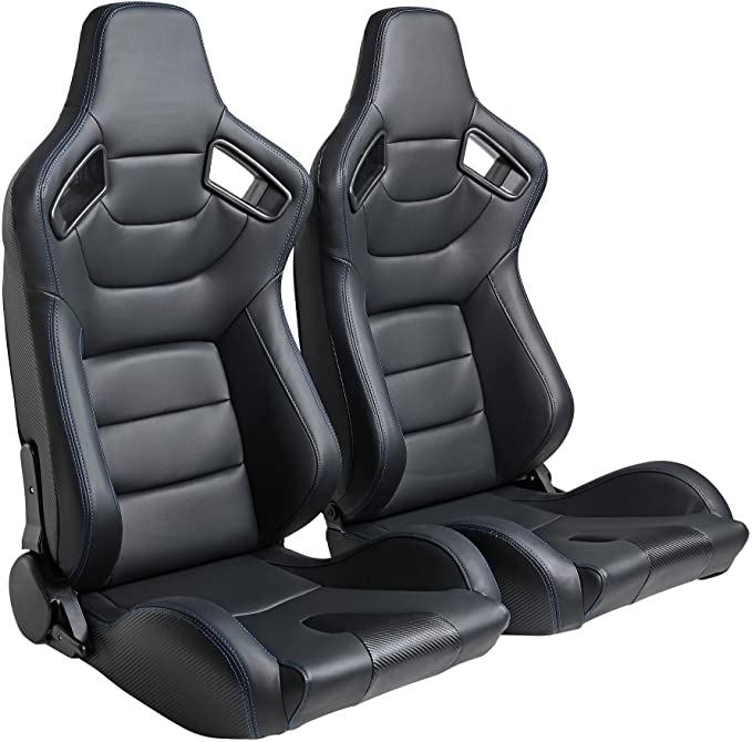 2PCS Universal PVC Leather Racing Seats, Reclinable Bucket Seat Come with Two Adjustable Slider, Mounting Brackets are NOT Include (Black & Blue Stitching)