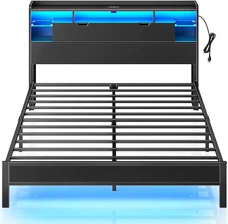 Rolanstar Bed Frame Full Size with Charging Station, LED Bed Frame with Storage Headboard, Metal Platform Bed with Glass Shelves, Bookcase Storage, No Box Spring Needed, Noise-Free, Black