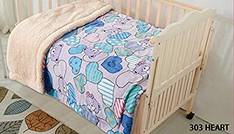 Fancy Linen Faux Fur Flannel Borrego Soft Baby Throw Blanket with Sherpa Backing Warm and Cozy Stroller or Toddler Bed Blanket 40"x 50" Hearts Lavender Pink Blue