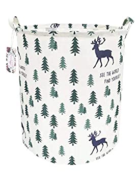 TIBAOLOVER 19.7" Large Sized Waterproof Foldable Canvas Laundry Hamper Bucket with Handles for Storage Bin,Kids Room,Home Organizer,Nursery Storage,Baby Hamper(Pine Trees and Deers)