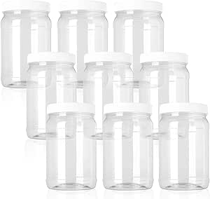 Fasmov 9 Pack 32 Oz Plastic Jars with Lids, Wide Mouth Clear Empty Plastic Storage Containers for Crafts, Dry Food, Peanut Butter, Honey and Jam Storage