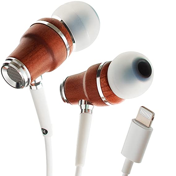 Symphonized NRG MFI Earbuds, Certified Lightning Earbuds Compatible with Apple iPhone/iPad/iPod, Premium Genuine Bubinga Wood in-Ear Noise Isolating Earphones, Stereo Wired Headphones (White)