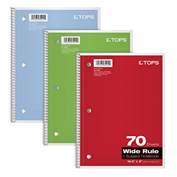 TOPS 1-Subject Notebooks, Spiral, 8" x 10-1/2", Wide Rule, Color Assortment May Vary, 70 Sheets, 3 Pack (65029)