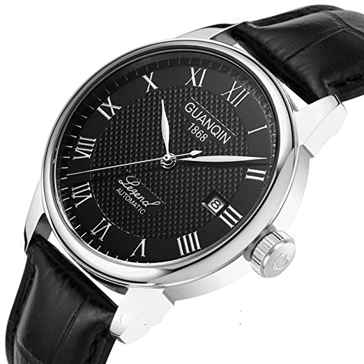 Gosasa Men Automatic Watches Men Black Leather Strap Roman Words White Dial Men Wristwatches