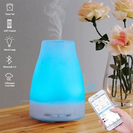 Aroma Diffuser Bluetooth App Control - E-Diffuser 100ML Ultrasonic Cool Mist Aromatherapy Essential Oil Diffuser & Humidifier with Timer Function and 7 Color LED Lights Changing, Perfect for Home Office Baby Room Yoga SPA