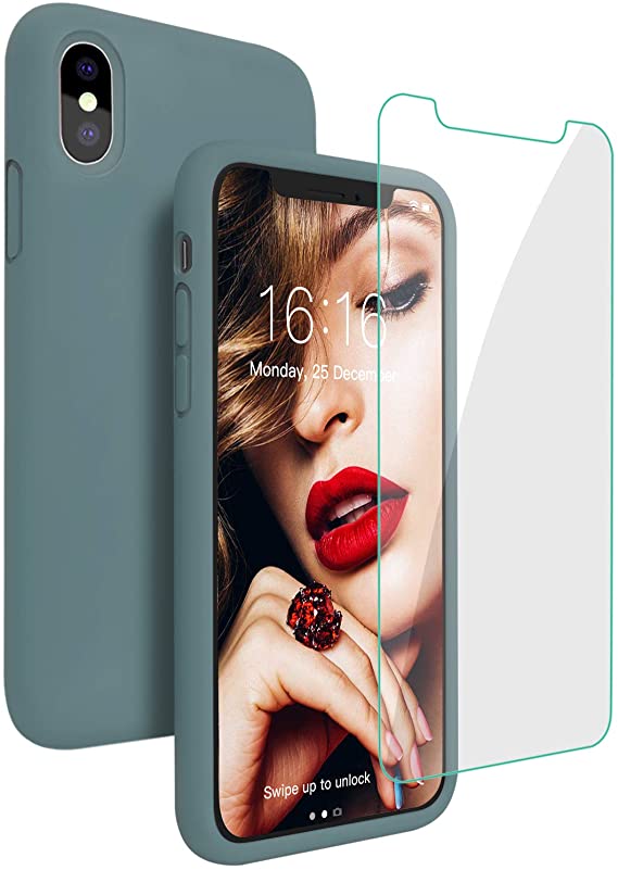 JASBON Compatible with iPhone Xs/X Case, iPhone 10 Case, Liquid Silicone Phone Case with Free Screen Protector Gel Rubber Shockproof Cover Full Protective Case for Apple iPhone Xs/X (Pine Green)