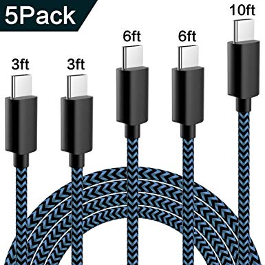 USB C Cable TNSO 5Pack (3/3/6/6/10FT) USB Type C Cable Nylon Braided Type Cable Fast Charging for Samsung Galaxy 9 8 S9 S8 S8 Plus S10,LG V30,V20,G6,Nintendo Switch （Black&Blue）