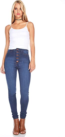 Vibrant Women's Juniors Button Fly Super High Waist Skinnys