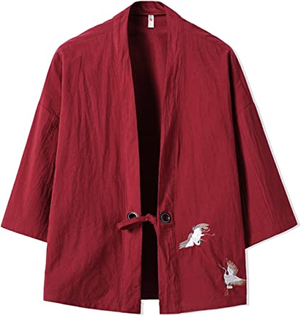 Men's Cotton Blends Linen Open Front Cardigan Embroidery Kimono Jackets
