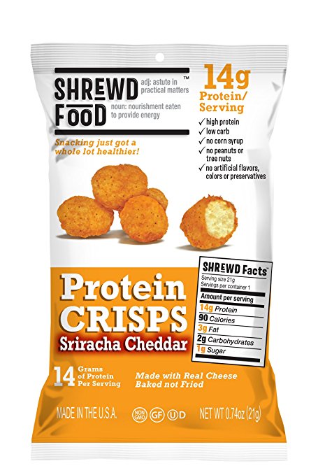 Shrewd Food Sriracha Cheddar Protein Crisps | High Protein, Low Carb, Gluten Free Snacks | Real Cheese, No Artificial Flavors | Soy Free, Peanut Free (8-Pack of .74oz Bags)
