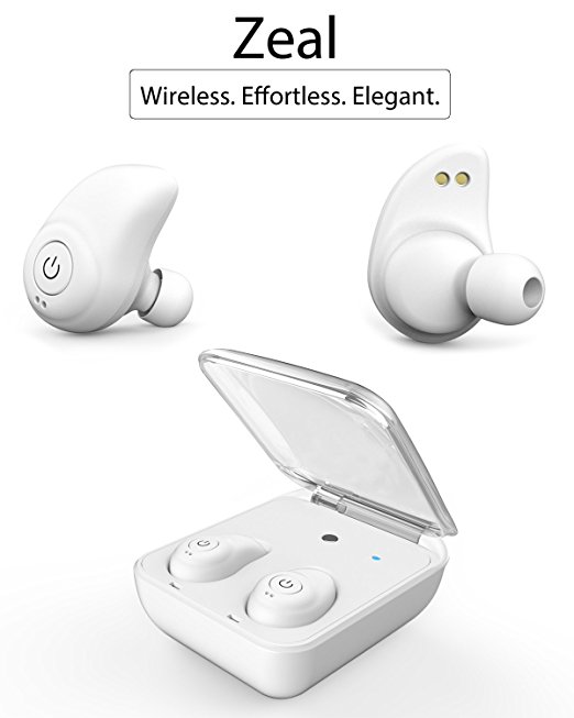 Wireless Earbuds, Paxcess Zeal True Wireless Bluetooth V4.1 Headset Mini Sports Earphone with Mic & Charging Dock for Workout Gym Running Jogging (White)