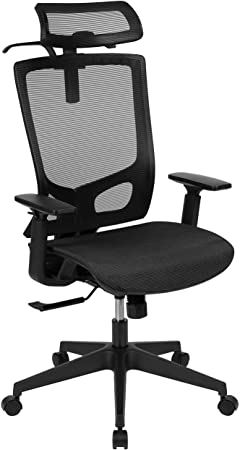 Flash Furniture Ergonomic Mesh Office Chair with Synchro-Tilt, Pivot Adjustable Headrest, Lumbar Support, Coat Hanger and Adjustable Arms in Black