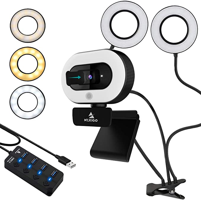 1080P Ring Light Webcam with 2ft USB Hub Switch, Microphone, 3.5 Inch Selfie Ring Light, Mount Stand, and Privacy Cover, for Streaming Online Class, Zoom Skype MS Teams, PC Mac Laptop Desktop