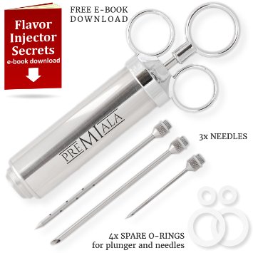 The Only Meat Injector using 304 Stainless Steel for ALL Food-Facing Parts  3 needles  4 Spare O-rings  eBook! 2oz Professional Flavor Marinade Injector Kit Best for Beef Chicken Turkey Jam in Donuts