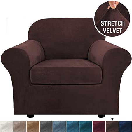 H.VERSAILTEX Rich Velvet Stretch 2 Piece Chair Cover Chair Slipcover Sofa Cover Furniture Protector Couch Soft with Elastic Bottom Chair Couch Cover with Arms, Machine Washable(Chair,Brown)