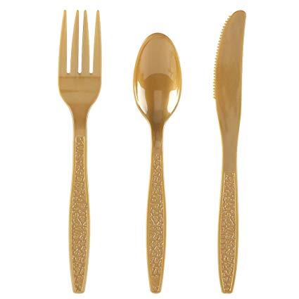 WDF 360 Gold Plastic Silverware- Disposable Hammered Gold Plastic Cutlery - Plastic Flatware inluding: 120 Gold Forks, 120 Gold Spoons, 120 Gold Knives