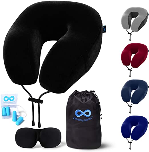 Everlasting Comfort Memory Foam Travel Pillow - Includes Eye Masks and Earplugs - Neck Pillow for Airplane (Black)