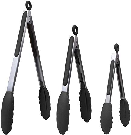 Silicone Food Tongs, Stainless Steel BBQ/Kitchen Tongs with Silicone Tips, Pack of 3-7,9,12 Inch