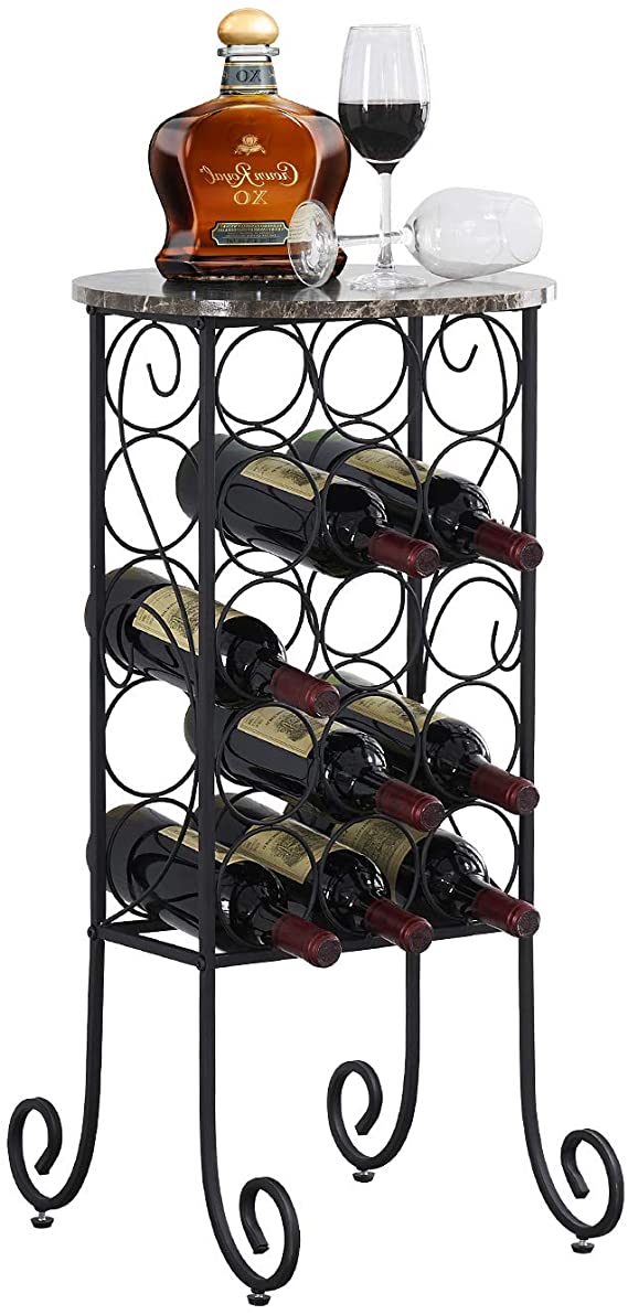 VECELO 15 Wine Rack Table, Freestanding Floor Bottles Bar Storage & Display Holder, with Marble Finish Top, Holds, Black