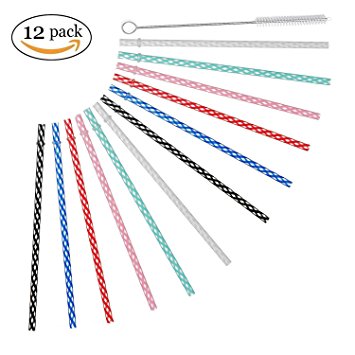 Alink Color Stripes Plastic Drinking Straws, 12 pcs Hard Reusable Straws with Cleaning Brush, 9 Inches, 6 Colors