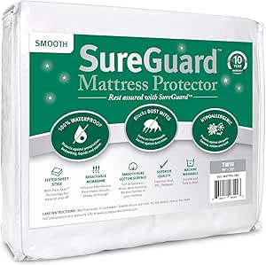 SureGuard Twin Size Mattress Protector - 100% Waterproof, Hypoallergenic - Premium Fitted Cotton Cover - Smooth