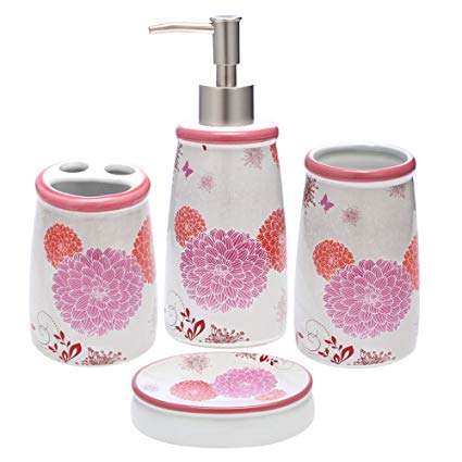 JOTOM Ceramic Bath Accessory Set,Luxury Bathroom Accessories Set - 4 Pieces with Decorative Hand Sanitizer Bottle,Toothbrush Cup,Toothbrush Holder,Soap Dish (Hydrangea)