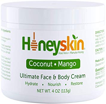Organic Face and Body Cream Moisturizer - with Raw Manuka Honey, Shea Butter and Aloe Vera - Eczema, Acne, Redness and Dry Skin Treatment - Anti Aging and Wrinkles - Natural Coconut Mango Scent (4oz)