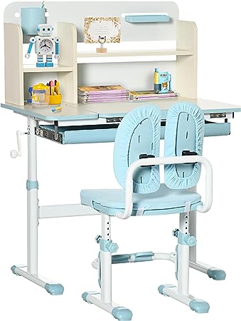 HOMCOM Kids Desk and Chair Set, Height Adjustable Kids Sturdy Table and Chair Set with Storage Shelves, Washable Cover, Anti-Slip Mat, for Ages 3-12 Years - Blue