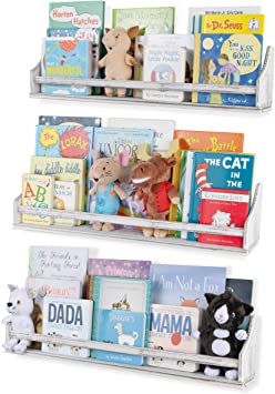 Nursery Décor Wall Shelves 3 Shelf Set Rustic Burnt White Long Crown Molding Floating Bookshelves for Baby and Kids Room, Book Organizer Storage Ledge, Display Holder for Toys, CDs, Baby Monitor