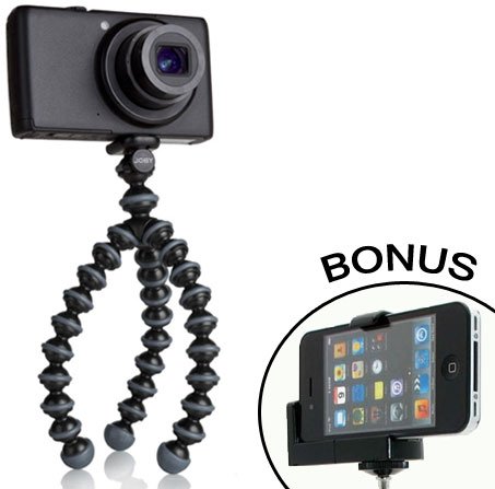 JOBY Gorillapod Flexible Tripod (Black/Charcoal) and a Bonus Universal Smartphone Tripod Mount Adapter works for iPhone 5, 5s, 6, 6 Plus, 6s, HTC One, Galaxy s2, S3, S4, S5, S6, Blackberry Z10,Q10, Motorola Droid and Most Smartphones