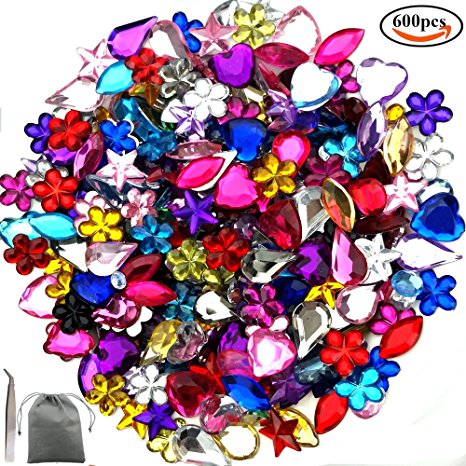 JPSOR 600 Pcs Gems Acrylic Flatback Rhinestones Gemstone Embellishments, 6 Shapes, 6-13mm, with Tweezers and Bag