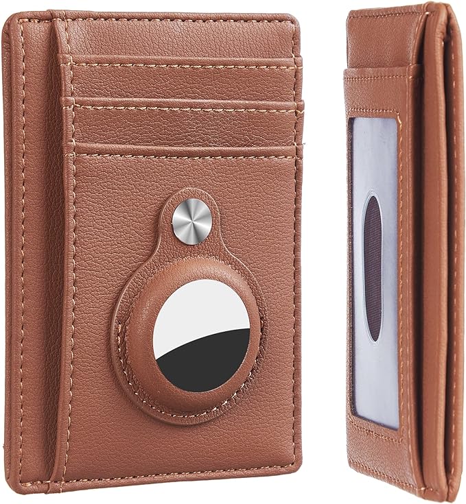 Hawanik Slim Minimalist Wallet Front Pocket Wallet with Built-in Holder for AirTag, Brown, medium, Minimalist