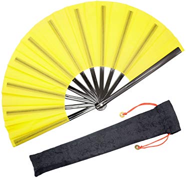 OMyTea Chinese Kung Fu Tai Chi Large Hand Folding Fan for Men/Women - with a Fabric Case for Protection - for Performance/Dance/Fighting/Gift (Yellow)