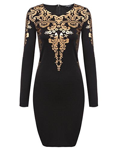 ACEVOG Women's Long Sleeves Gold Foil Print Vintage Cocktail Dresses