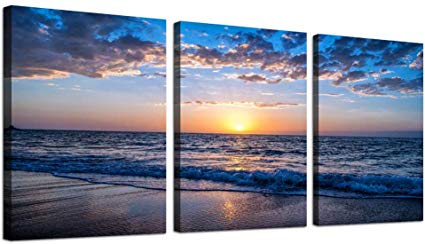 Hyidecor Art 3 Piece Canvas Wall Art -Sunrise blue sea view Landscape - Modern Home Decor Room Stretched and Framed Ready to Hang - 12"x16"x3 Panels