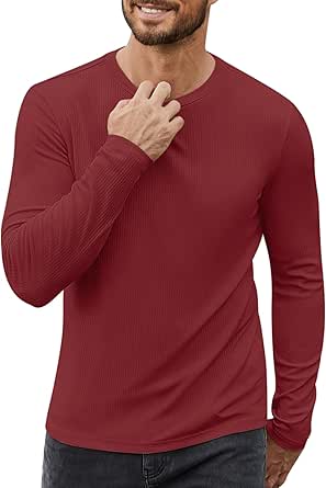 Men's Long Sleeve Shirts Ribbed Pullover Sweater Thermal Tops Crew Neck Stretchy Undershirts