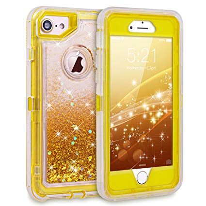 iPhone 7 Case, iPhone 6S Case, Dexnor Glitter 3D Bling Sparkle Flowing Liquid Case Transparent 3 in 1 Shockproof TPU Silicone Core   PC Frame Case Cover for iPhone 7/6s/6 - Gold