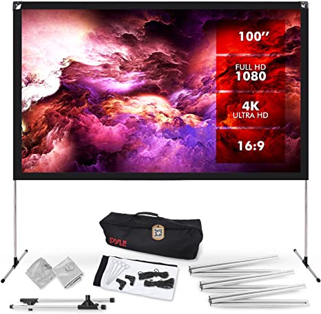 Pyle Projector Screen with Stand - 100" 16:9 HD 4K Portable Lightweight Freestanding Foldable Indoor Outdoor Movie Projection Display with Frame for Home Theater