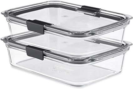 Rubbermaid 2118315 Brilliance Glass Storage 8-Cup Food Containers with Lids, 2-Pack (4 Pieces Total), BPA Free and Leak Proof, Large, Clear