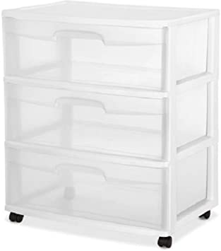 Sterilite 29308001 Wide 3 Drawer Cart, White Frame with Clear Drawers and Black Casters