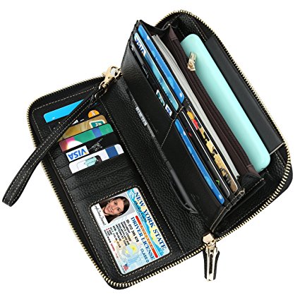 Dante RFID Blocking Wax Real Leather Zip Around Wallet Clutch Large Travel Purse for Women