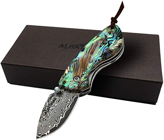 ALBATROSS Mini Pocket Knife Abalone Seashells 4.75'' Damascus Steel Knife Liner Lock Knife