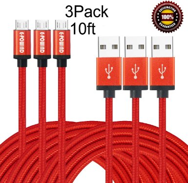 E-POWIND 3Pack 10ft Premium Micro USB Cable High Speed Extra Long USB Charging Cables for Android,Samsung,Nexus, HTC, Motorola, Nokia,HUAWEI,and More.(Red)