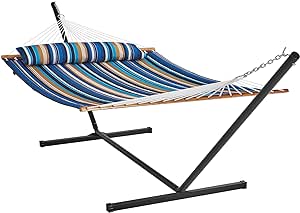 VEVOR Double Quilted Fabric Hammock with Stand, Heavy Duty 480lb 2 Person Hammock with Stand, Hardwood Spreader Bar & Portable Bag, Free Standing Hammock for Outside, Patio, Garden, Beach