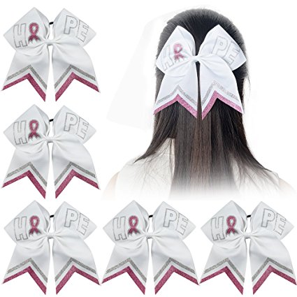 Ncmama Girls 7" Large Breast Cancer Awareness Glitter Cheer Bow Hair Tie Ponytail Holder for Women Cheerleader