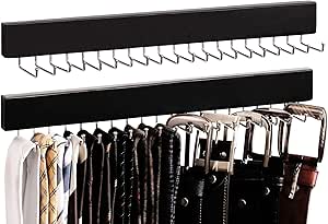 StorageWorks Tie Rack, Tie Holder Organizer with 20 Hooks, 2-Pack Necktie Organizers Hold Ties, Belts, Wall-Mounted Tie Holders for Closet, Wooden Belt and Tie Organizer for Men, Black