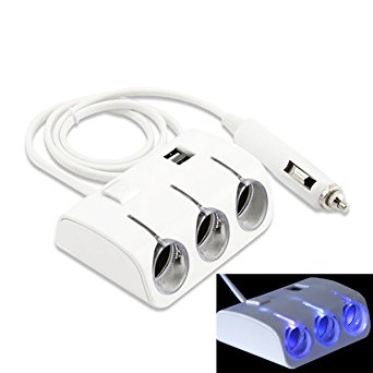 Cigarette Lighter Adapter, Uniwit 3 Socket Cigarette Lighter Power Adapter DC Outlet Splitter with 2 Port 1.2A USB Car Charger And Switch - White